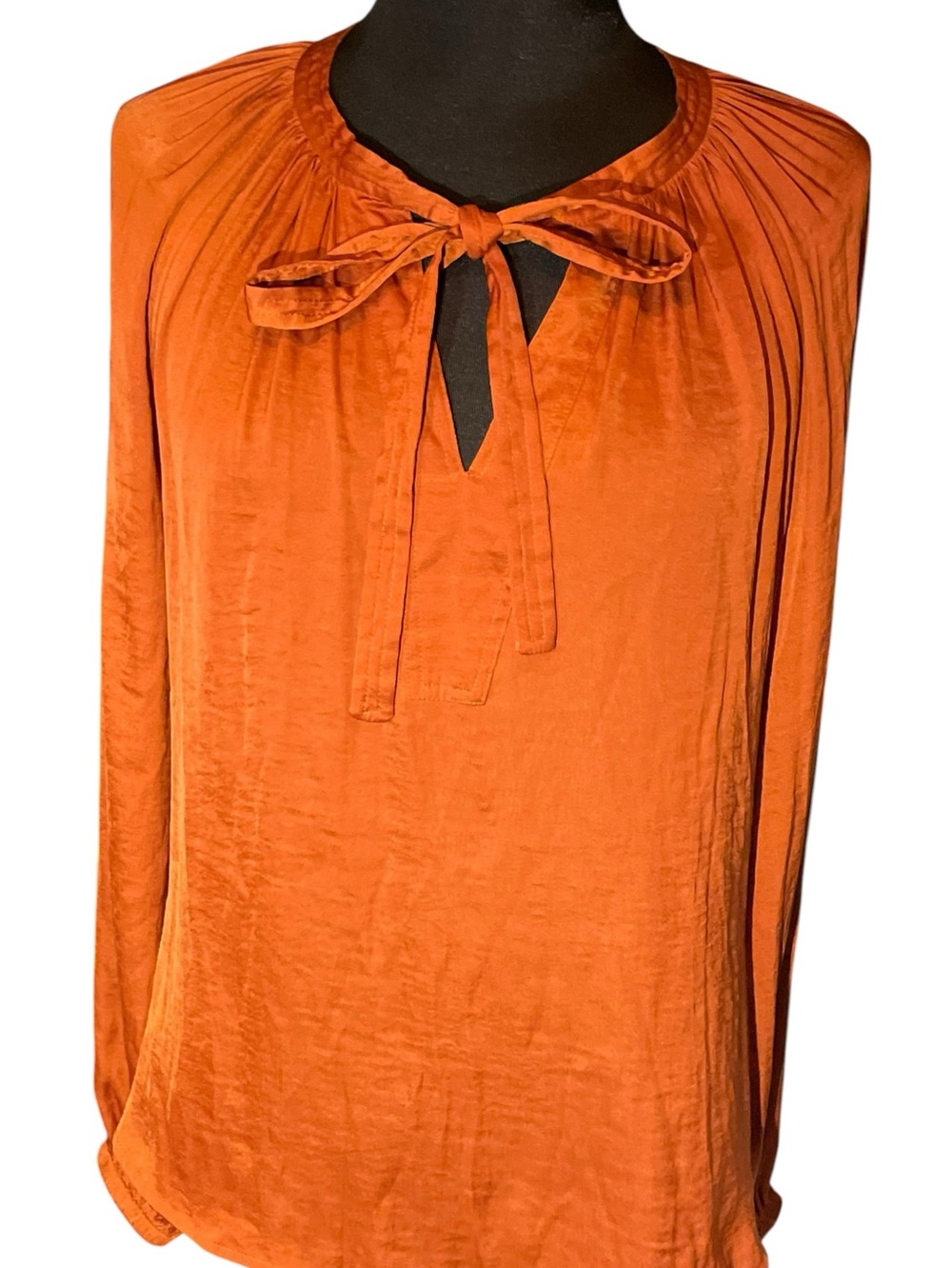 Gibson Latimer Orange Tie-Neck Long Sleeve Draped Silky Blouse Womens Size Small